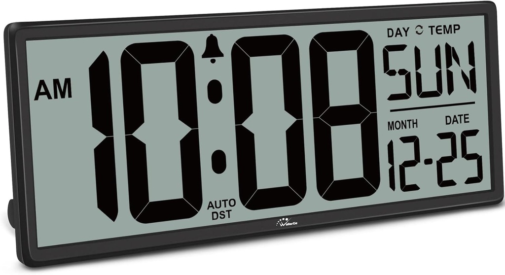 WallarGe 14.5'' Large Digital Wall Clock Battery Operated with Jumbo Numbers, Temperature and Date - Easy to Read and Set, Auto DST