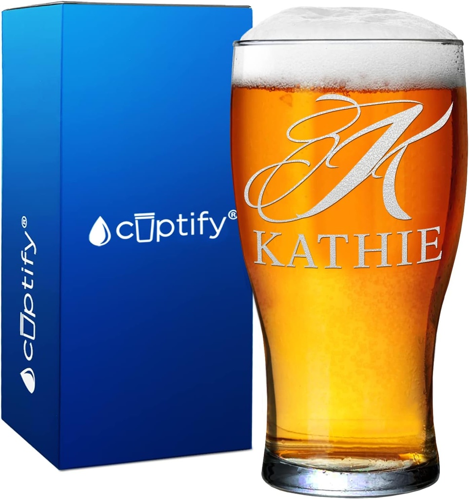 Personalized Pub Glass Script Initial and Name 20 oz Etched Beer Glasses with Custom Text Party Favors Birthday Gift for Men and Women