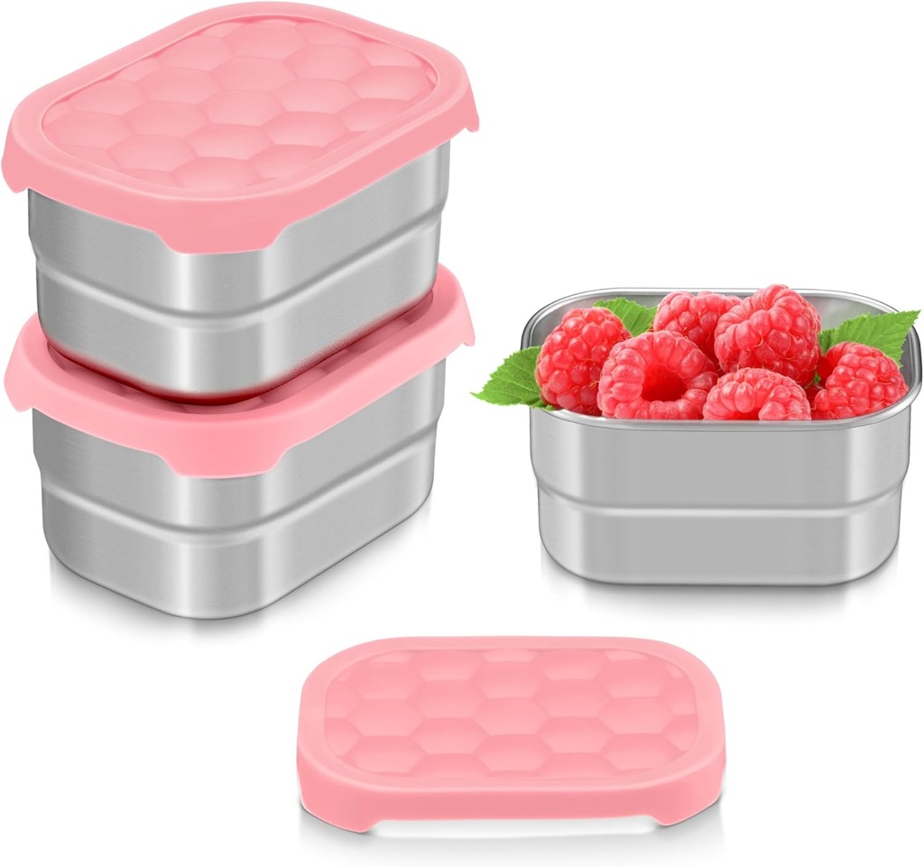 TeamFar 3 PCS Stainless Steel Snack Containers, 8oz /230ml Food Container with Silicone Lid for Kids Children, Metal Toddler Lunch Bento Box, Healthy & Lightweight, Leak-proof & Portable, Pink