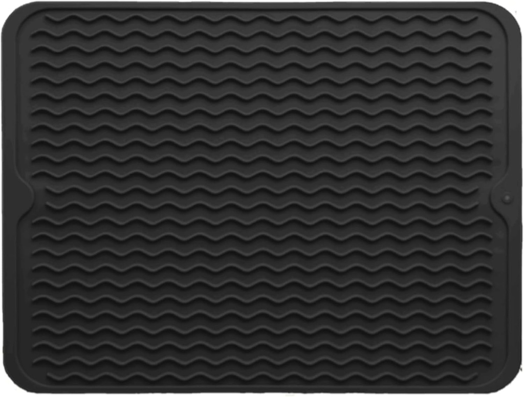 Silicone Drying Mat 16 × 12 – Black Non-Slip Sink Mat for Kitchen Counter, Heat-Resistant Food-Grade Dish Pad, Easy-Clean Multipurpose Drawer Liner (Black, 16'' x 12'')