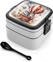 Cat And Hot Air Balloon Bento Box Adult Lunch Box All-in-One Lunch Containers with Removable Compartments Double Layer Bento Lunch Box with Spoon And Handle Stackable Lunchbox