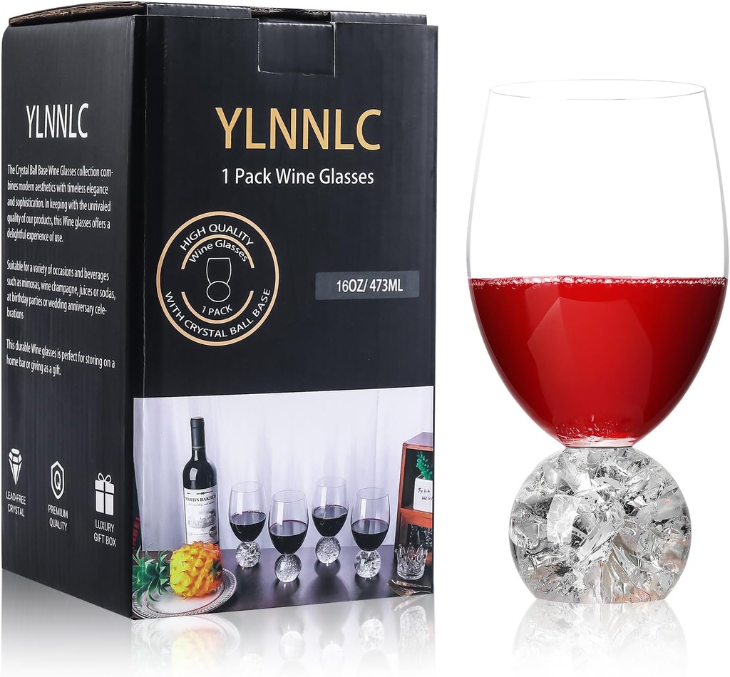 16oz Short Stem Red Wine Glasses, Lead-free, Red & White Stemless Wine Glasses with Crystal Ball Base for Daily Use, Party, Home Bar, Wedding Birthday, Christmas, Ideal Wine Accessories Gifts