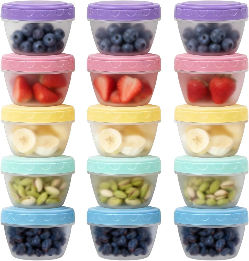 Small Food Containers with Lids for Baby Toddler 4 oz, 15 Pack Easy Open Ultra Thick Reusable Plastic Freezer Kids Food Storage Box for Snack Lunch Daycare School, Measuring, Dishwasher Safe, BPA Free