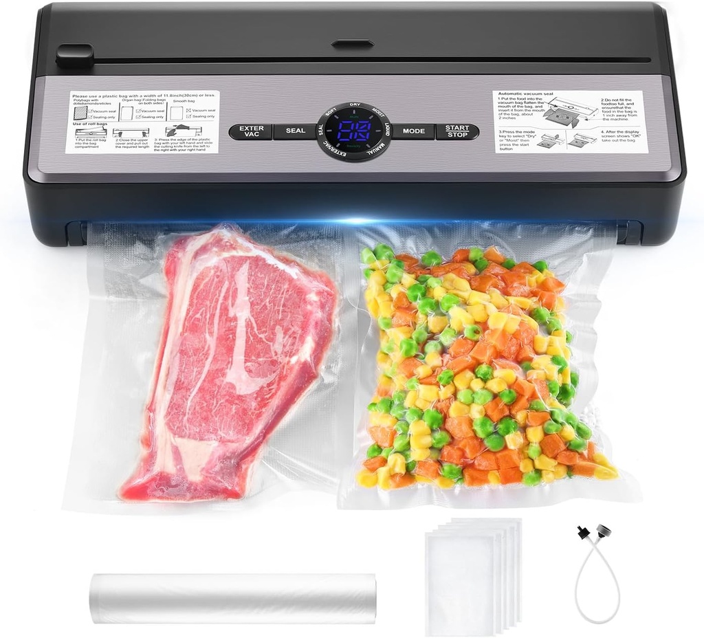 SOPHIA Vacuum Sealer for Food, 85KPA Fully Automatic Food Vacuum Sealing Machine 8-IN-1 with Dual Pump & Cutter & Countdown, Compact Sous Vide Vacuum Packers for Meal, 197" Bag Roll, 5MM Heat Seal