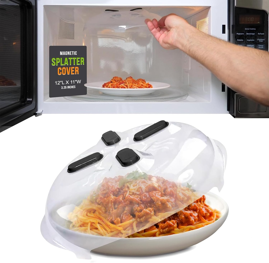 HOVER COVER Magnetic Splatter Cover, 12-Inch Clear BPA-Free Food Lid, Vented Plate Guard with Steam Vents, Anti-Splash Microwave Lid, Dishwasher Safe, Space-Saving Magnetic Storage - Onyx Black