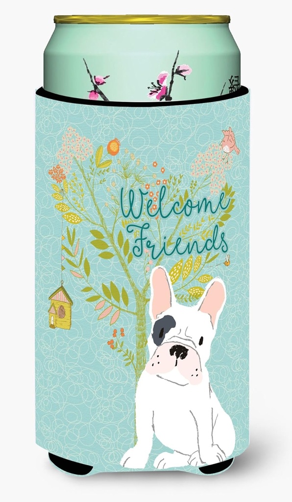 Caroline's Treasures BB7634TBC Welcome Friends Piebald French Bulldog Tall Boy Hugger Can Cooler Sleeve Hugger Machine Washable Drink Sleeve Hugger Collapsible Insulator Beverage Insulated Holder