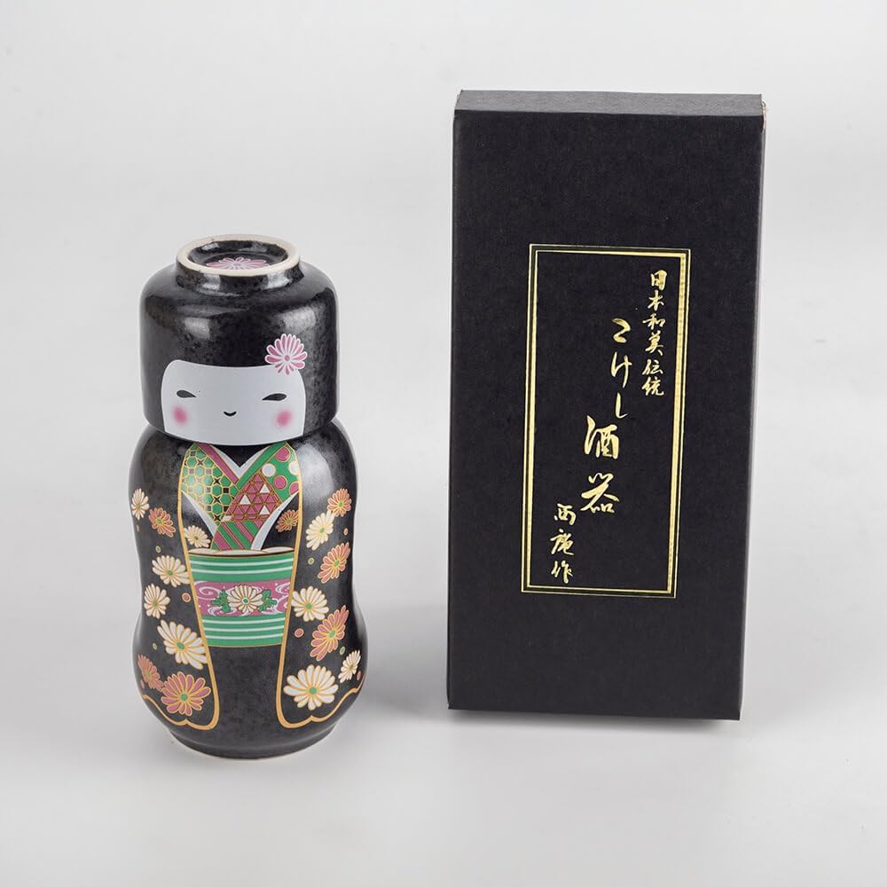 Japanese Traditional Kokeshi Design Sake Wine Soju Ceramic Set with 1 Ochoko Cup and 1 Tokkuri Bottle Gifts (Kokeshi Kiku Komachi)
