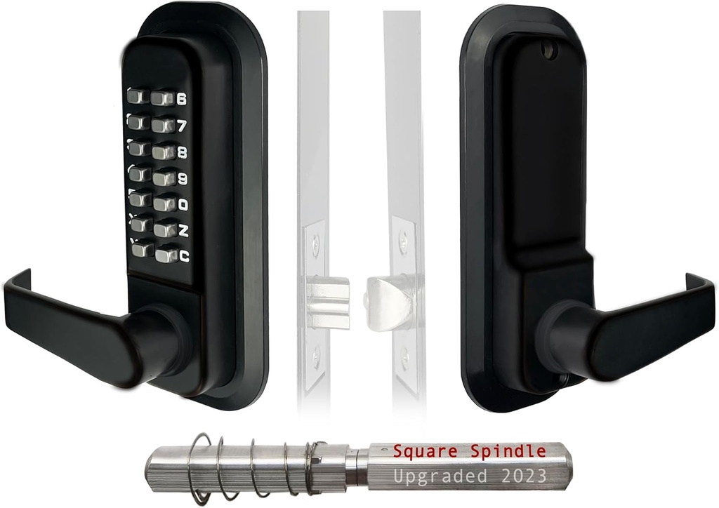 JOUNJIP Single-Sided Keyless Entry Door Lock - Bump Key Proof Mechanical Door Lock with Lever Handle - [Square Spindle] Easier Install - (Matte Black) - Outdoor Gate Lock with Keypad and Passage Mode