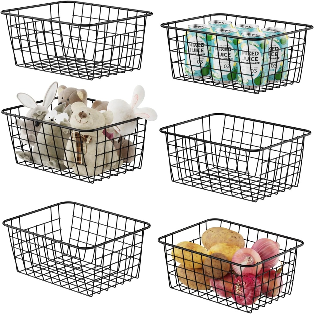 Wire Storage Basket, F-color 6 Pack Metal Baskets for Storage Organizer Bin for Pantry, Shelf, Freezer, Kitchen, Cabinet, Bathroom, Small, Black