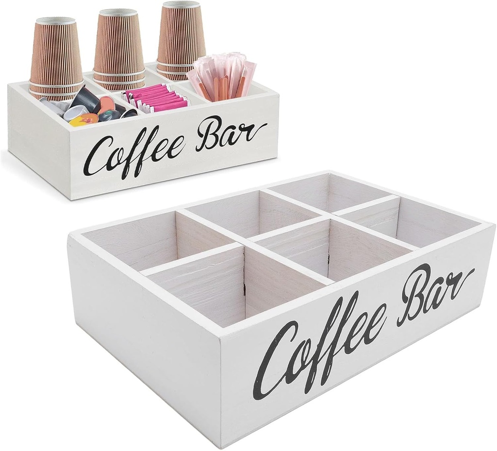 Coffee Station Organizer, 6 Divider Wooden Coffee Tray Tea Bar Organizer Tea Caddy Cafe Pod Holder for Home Office Kitchen Countertop (White)