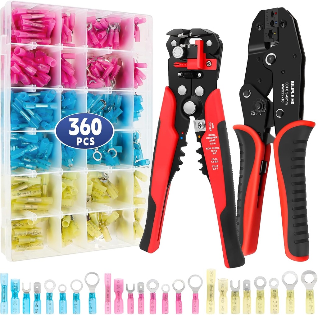 Crimping Tool for Heat Shrink Connectors Set with 360pcs Waterproof Marine Grade Heat Shrink Wire Connectors AWG 22-10, Wire Stripper and Ratchet Terminal Crimper, Ideal for Home Electrical Repairs