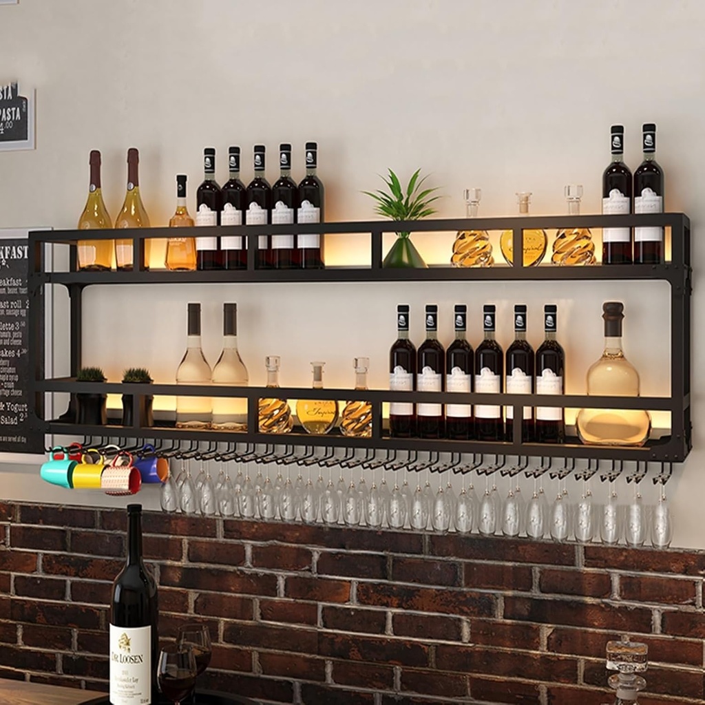 wine cellar racks , 2 Tier Wall Mounted Wine Rack With Light, Floating Wine Bottle Display Stand, Multifunctional Bottle Holder With Glass Holder, Wine Organizer, For Home Bar Dining Room Decor(Color: