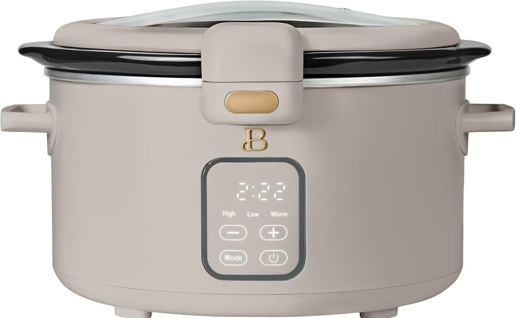 Beautiful 4 Qt Digital Slow Cooker Electric Cooker Pot with Automatic Warm & Hinged Locking Lid, Non-Skid Feet, Cook and Carry Kitchen Appliances by Drew Barrymore (Porcini Taupe)