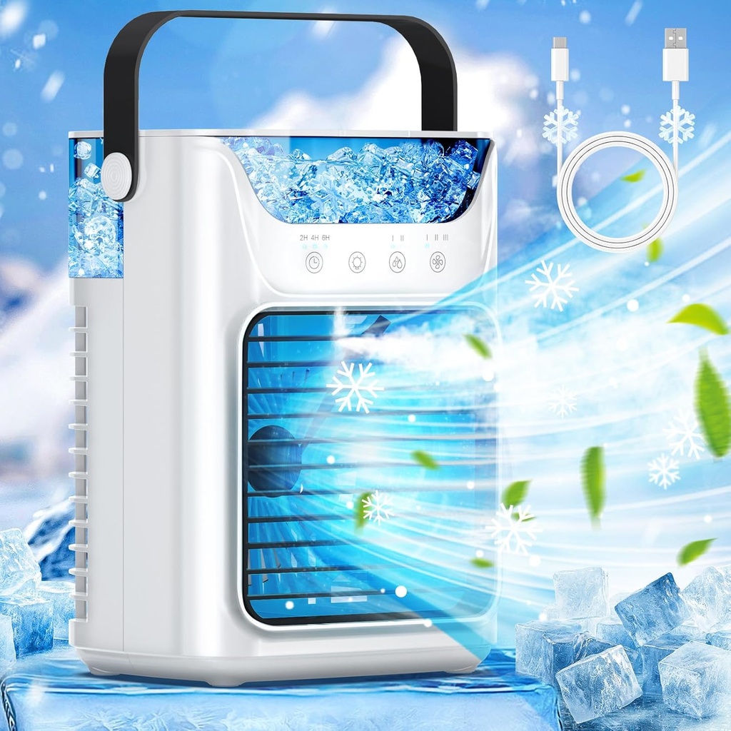Portable Air Conditioners, 3 Wind Speeds & 7 LED Lights Evaporative Personal Air Cooler, 4 in 1 Portable AC with 650 mL Large Water Tank, Mini Air Conditioner for Bedroom/Car/Home/Camping/Room