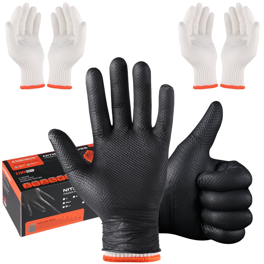 BBQ Gloves for Grilling Disposable Heat Resistant - 100 Nitrile Gloves + 4 Reusable Cotton Liners for Barbecue Smoker, Cooking Hot Meat - 10Mil Thick, Non-Slip Grip - Black Large