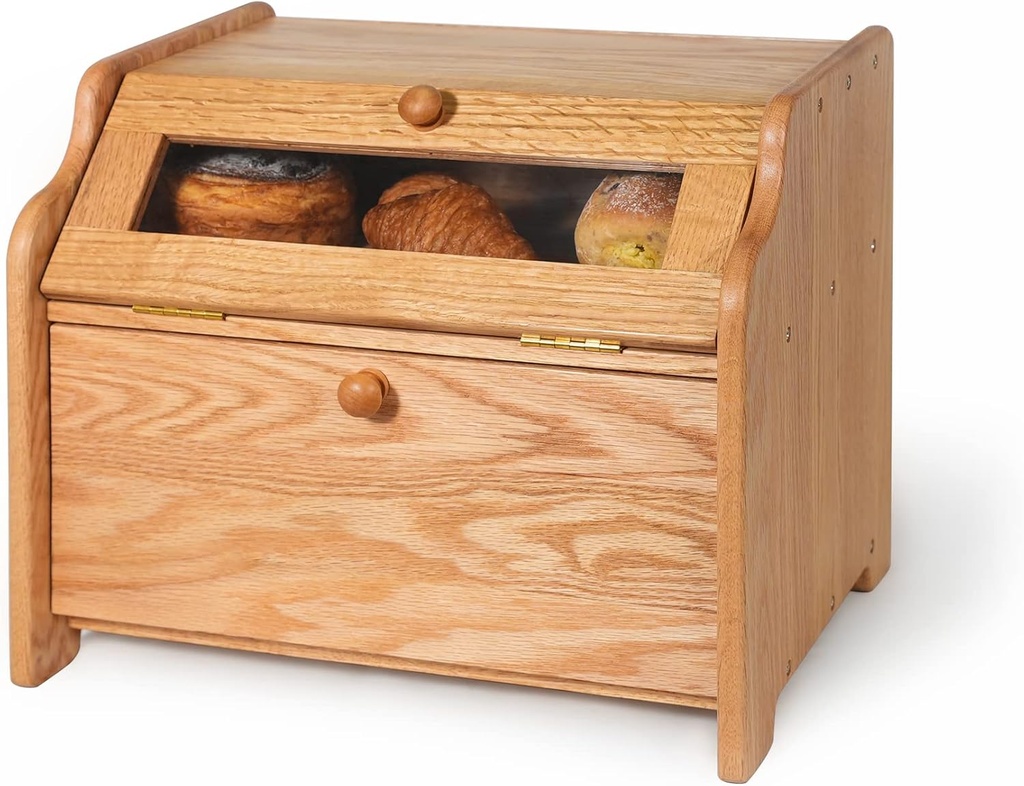 CONSDAN Bread Box, Solid Wood Oak Bread Box for Kitchen Countertop, Double Layer Bread Container for Bread Storage, Large Capacity Breadbox with Clear Window, Nature, Pre-assembled