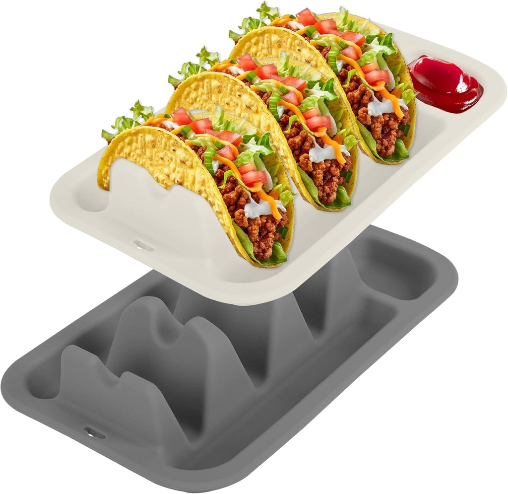 Klyrnd Silicone Taco Holder Set of 2, Reusable Taco Plate with Dividers for Hard & Soft Shells - Microwave & Dishwasher Safe Serving Stand (Grey Beige)