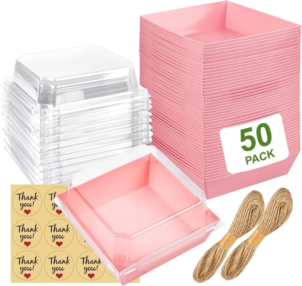50 pack Small Pink charcuterie boxes with clear lids, To Go Paper Mini Treat Box, 5 inches Disposable Food Containers, for Dessert boxes, Cake Slice, Desserts, Party, Outdoors and Home Use (Pink)