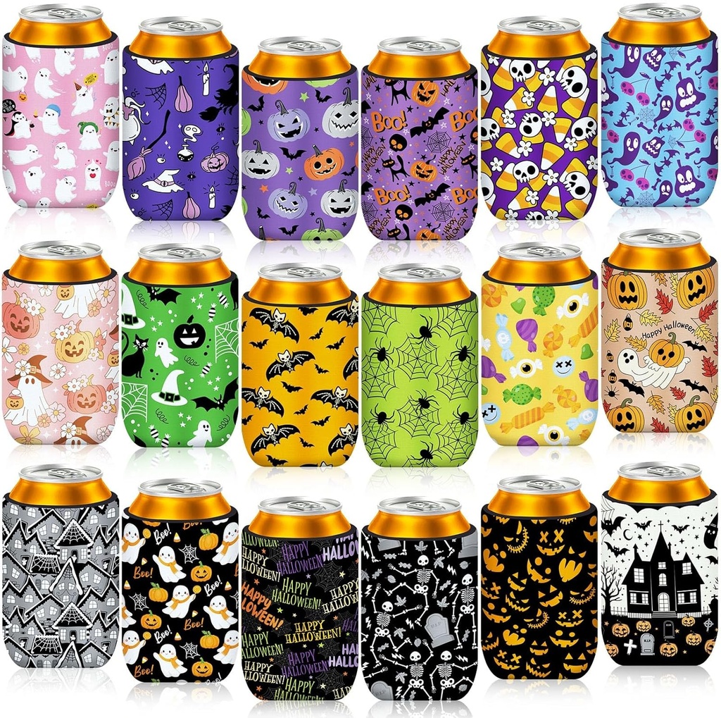 Halloween Can Cooler Sleeves, 18pcs Halloween 12 oz Cold Drinks Beer Drink Can Bottle Cooler Sleeves for Halloween Party Favors Decorations Supplies