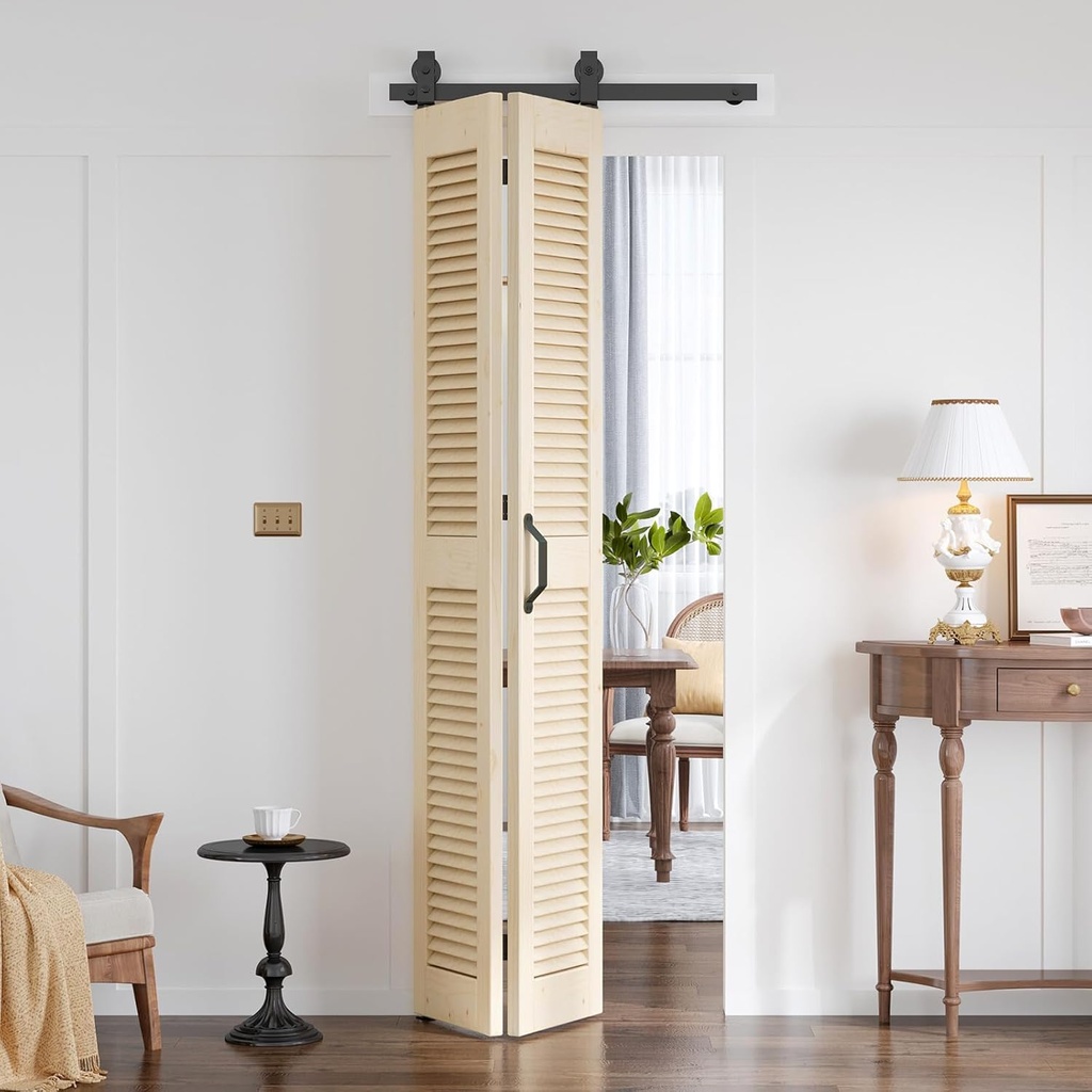 Bifold Barn Door 30 x 84 Inch (Double 15 x 84 Inch), Louver Sliding Closet Wood Bi-Folding Barn Doors with 34 Inch Top Mount Hardware Track Kit, Save Space
