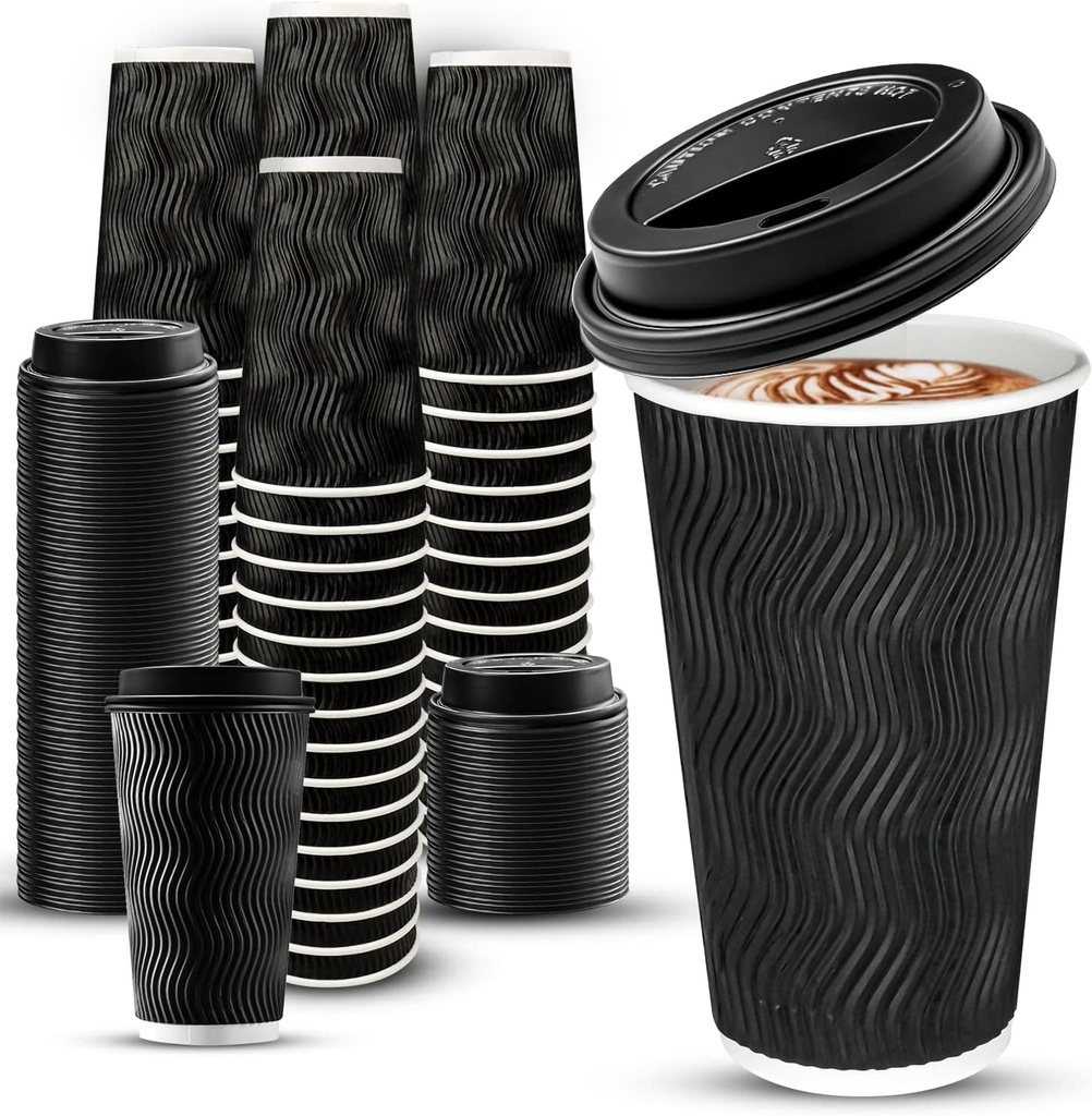 Ginkgo 100 Pack 16 oz Disposable Insulated Coffee Cups with Lids, Paper To-Go Coffee Cups for Coffee Bars, Hot Chocolate, Cocoa, and Hot Tea Drinks - Black