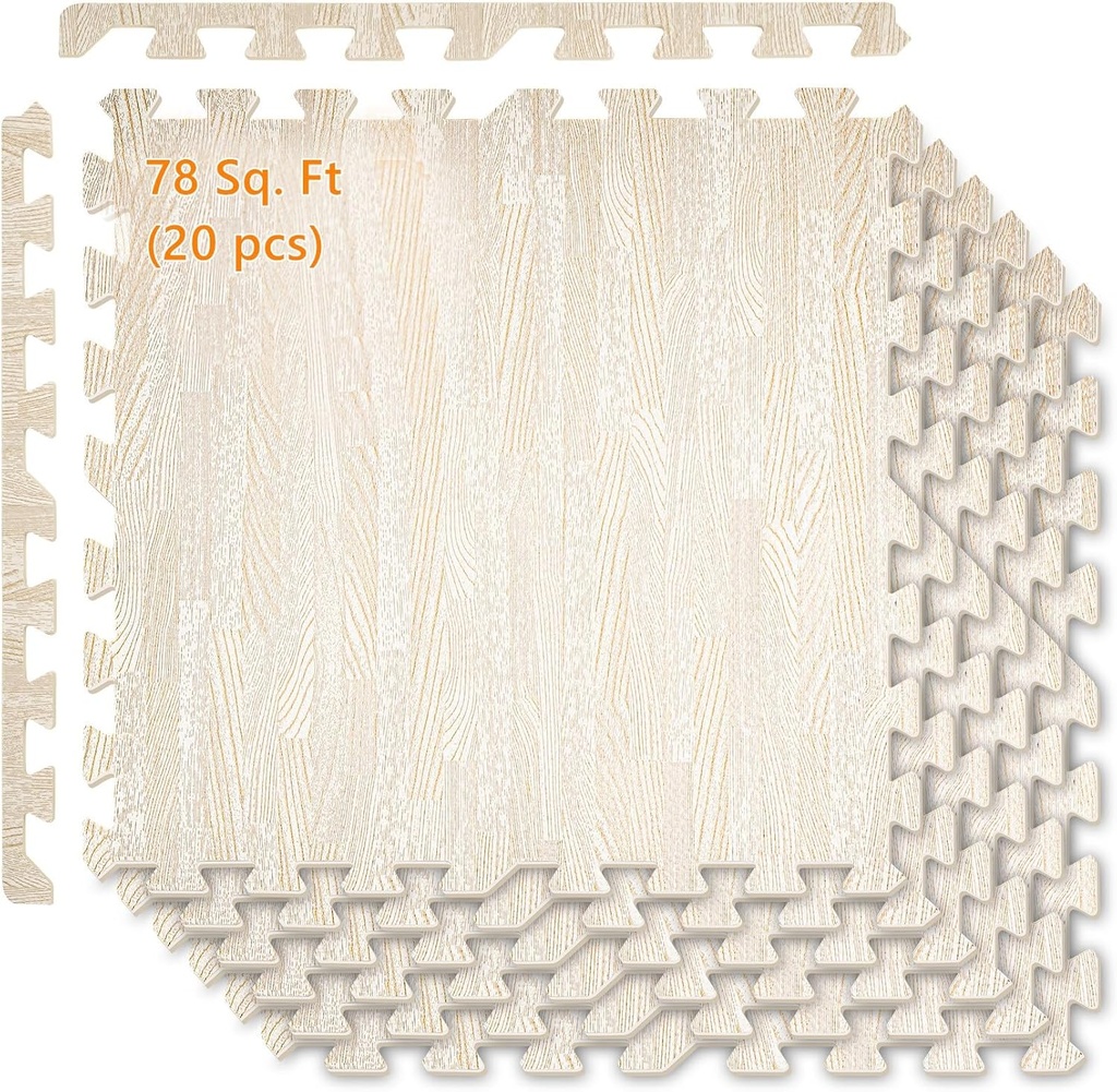 Nisorpa 78 Sq. Ft 2/5 Inch Thick Printed Foam Floor Tiles Mats,24" x 24" Wood Grain EVA Interlocking Foam Floor Tiles Decorative Flooring for Home,Gym,Playroom,White