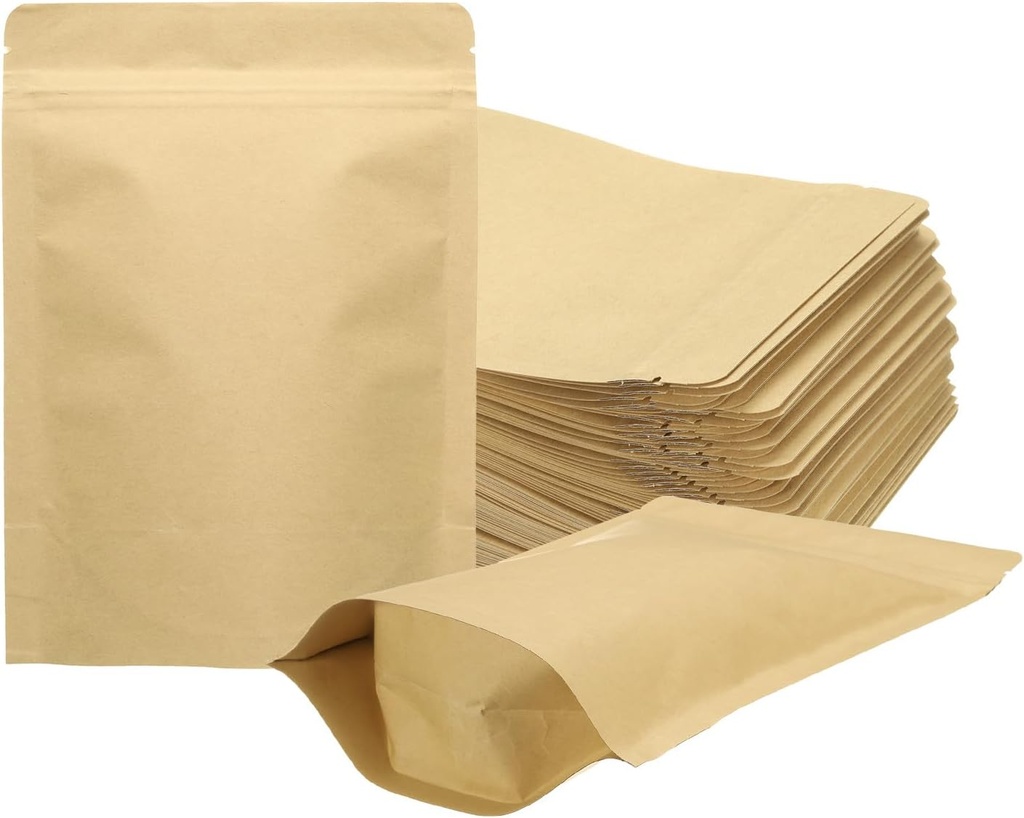 uxcell 50pcs Kraft Stand Up Pouches Sealable Paper Bags Foil Resealable Seal Pouches Packaging Zipper Bags for Food Storage Sample Package, Yellow, 5x7 Inch