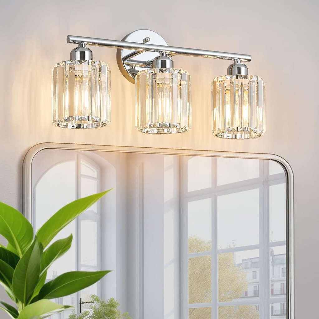 Modern 3 Light Crystal Vanity Light, Chrome Vertical Bathroom Light Fixture Over Mirror for Dressing Table Sink, Compatible with Dimmable Bulbs (Bulbs Not Included)