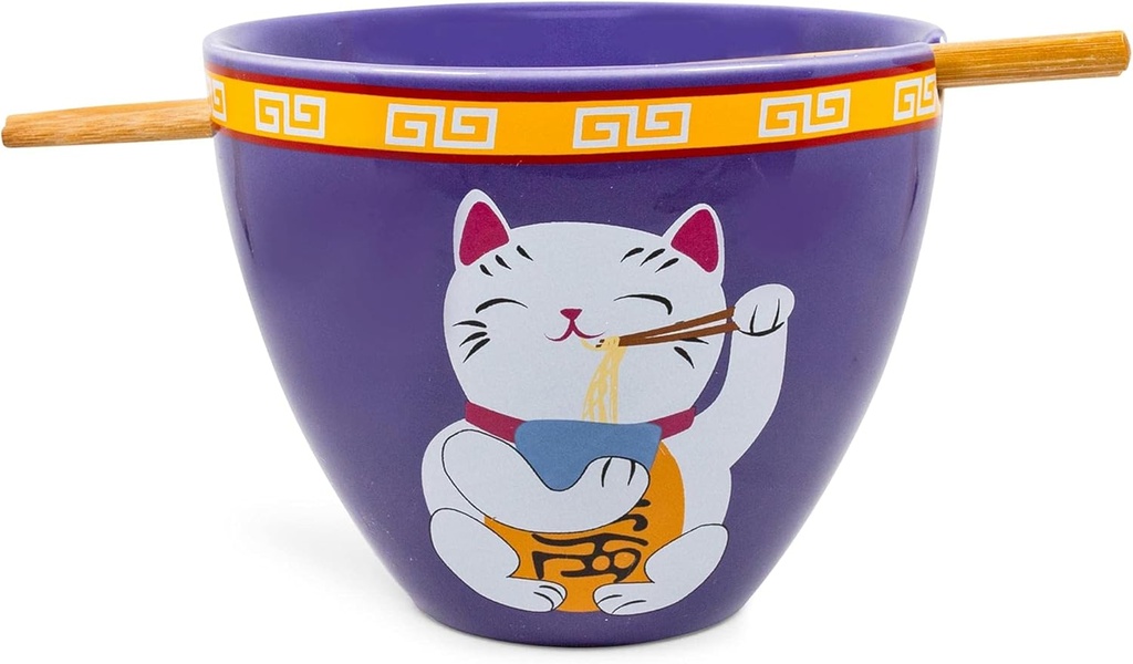 Boom Trendz Bowl Bop Purple Lucky Cat Japanese Ceramic Dinnerware Set | Includes 16-Ounce Ramen and Wooden Chopsticks Asian Food Dish for Home Kitchen Kawaii Anime Gifts, Maneki Neko Collectible