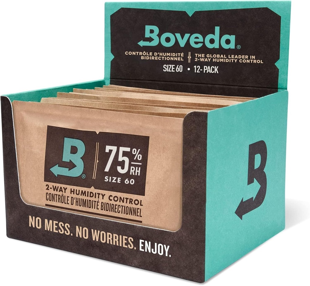 Boveda 75% Two-Way Humidity Control Packs – Size 60 – 12 Pack – Fix Major Moisture Loss/Low RH in Non-Plastic Humidifier – Moisture Absorbers – Individually Wrapped Hydration Packets