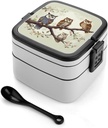 Adult Double-Layer Bento Box Owls on A Branch Portable Lunch Box with Spoon And Invisible Handle Leakproof Microwave-Safe Food Container for Work Travel Camping