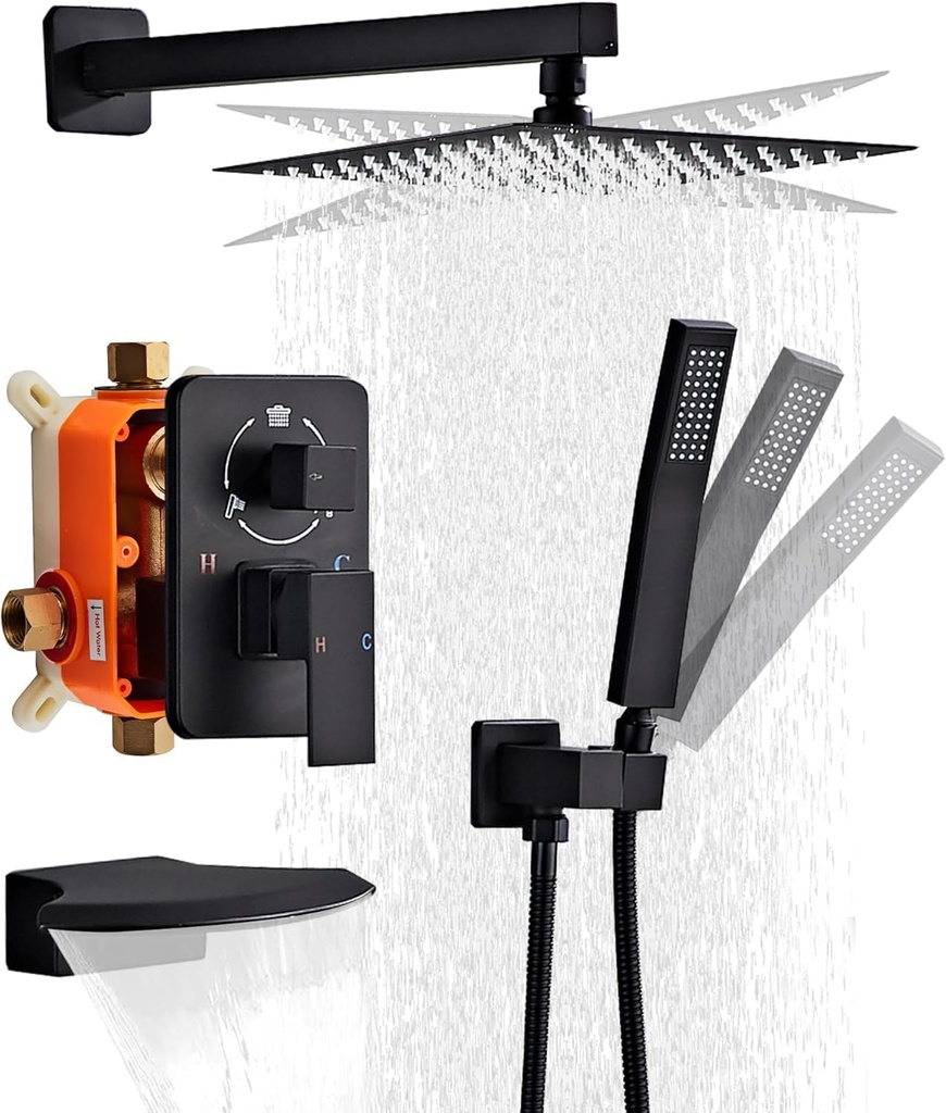 Matte Black Shower Faucet Set with Tub Spout 10 Inch, Rainfall Shower System with 4 Hooks & Upgraded Shower Valve, Square Shower Head Bathroom Luxury Rain Mixer Shower Combo Set Wall Mounted