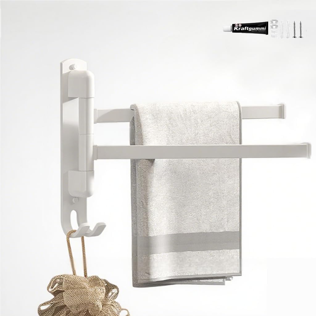 Swivel Towel Racks for Bathroom/Kitchen, Wall Mounted No Drill Heavy Duty Towel Holder with Multi-Bar, Carbon Steel Stainless Swing Rod Towel Bar,White 2-Arms Space Saving Adhesive Towel Hanger Bath