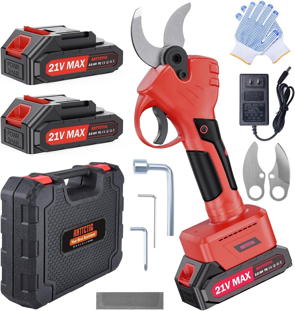 Electric Pruning Shears, 40mm 1.6" Cutting Diameter Cordless Power Pruner for Gardening with 2Pcs 2000mAh Rechargeable Batteries & Replacement Blades Set, Tree Pruner Branch Cutter(Red)