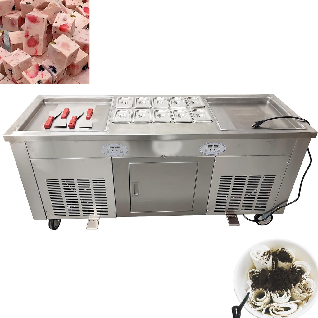 2.8KW Fried Yogurt Cream Machine Stainless Steel Commercial Rolled Ice Cream Maker 18" x 18" Square Stir-Fried Ice Cream Pan Double Pan Commercial Ice Roll Maker with 10 Boxs