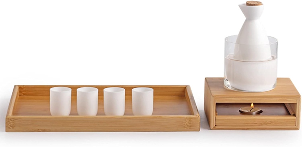 Ceramic sake set, sake set with stove, 8 piece porcelain hot sake set including 1 heating cup, 1 sake pot, 4 sake cups, 1 warming tray, warming base, recha