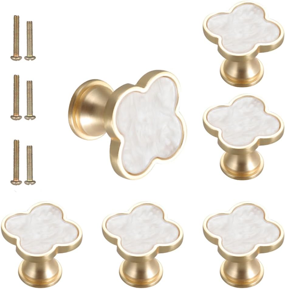 6 pcs Brass Four-Leaf Clover Knobs Handle,Gold Cabinet Knobs Cabinet Drawer Dresser Furniture Kitchen Wardrobe Bathroom Decorative Door Pulls Zinc Alloy Single Hole Handle(White)