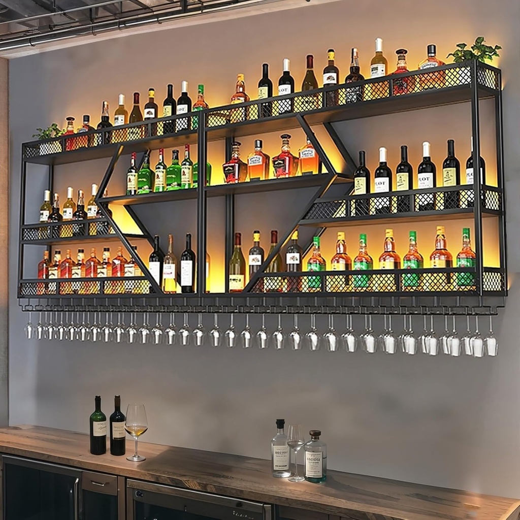 LED Metal Wall Wine Rack - 70.8" Iron Wine Shelf with Glass Holder - Stylish Hanging Wine Storage for Kitchen, Cellar, or Bar - Black Finish, Space-Saving Design