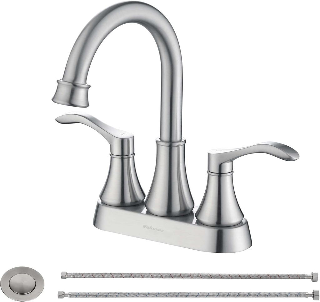Rainovo 4 Inch Bathroom Sink Faucet Centerset with Lift Rod Drain Stopper and Supply Hoses, 2 Handle Bathroom Faucet, Matte Black Bathroom Faucet, RV Bathroom Faucet 2 Holes, Sliver