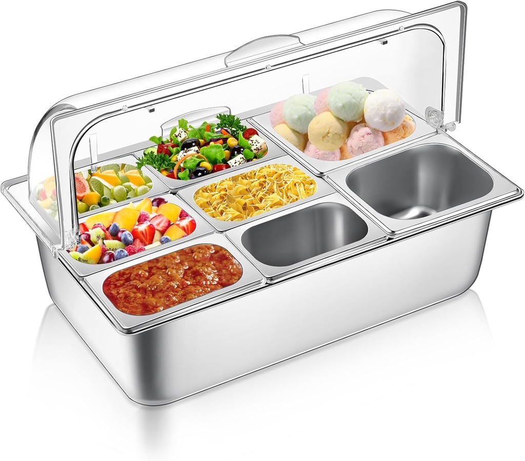 Countertop Food Serving Display Container and Clear Roll Top Cover Stainless Steel Food Serving Tray Buffet Condiment Dispenser Display Rack for Restaurant Hotel Kitchen Party (8 Pan)