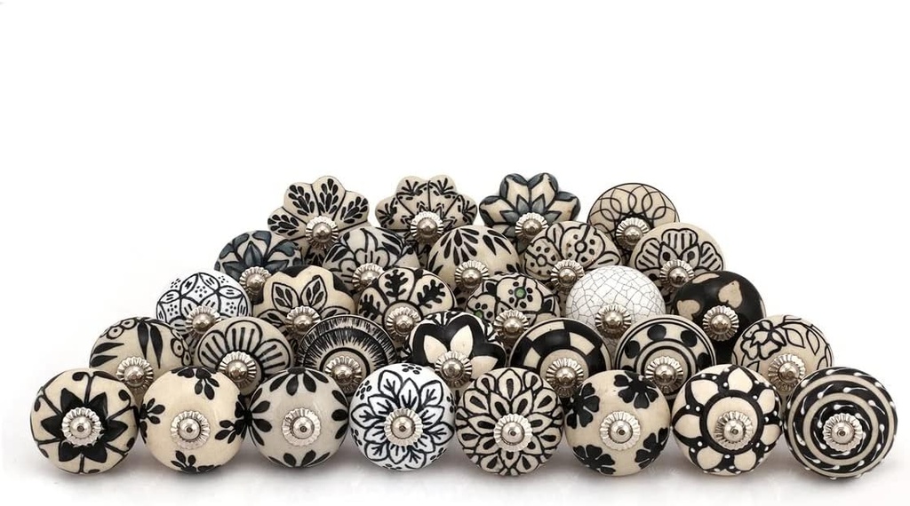 ATCUSA Indian Handmade Assorted Black and White Ceramic Door Knobs and Pulls | Kitchen Cabinet Knobs for Dresser Drawers | Black Drawer Pulls | Almirah knobs | Vanity knobs (12)
