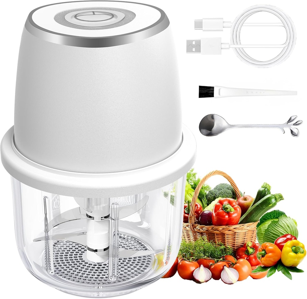 Electric Garlic Chopper, Mini Food Processor & Vegetable Chopper, 350ml Portable Cordless USB Rechargeable Garlic Chopper, Powerful Chopper for Onion, Herb, Nut, Easy to Clean Glass Container（White）