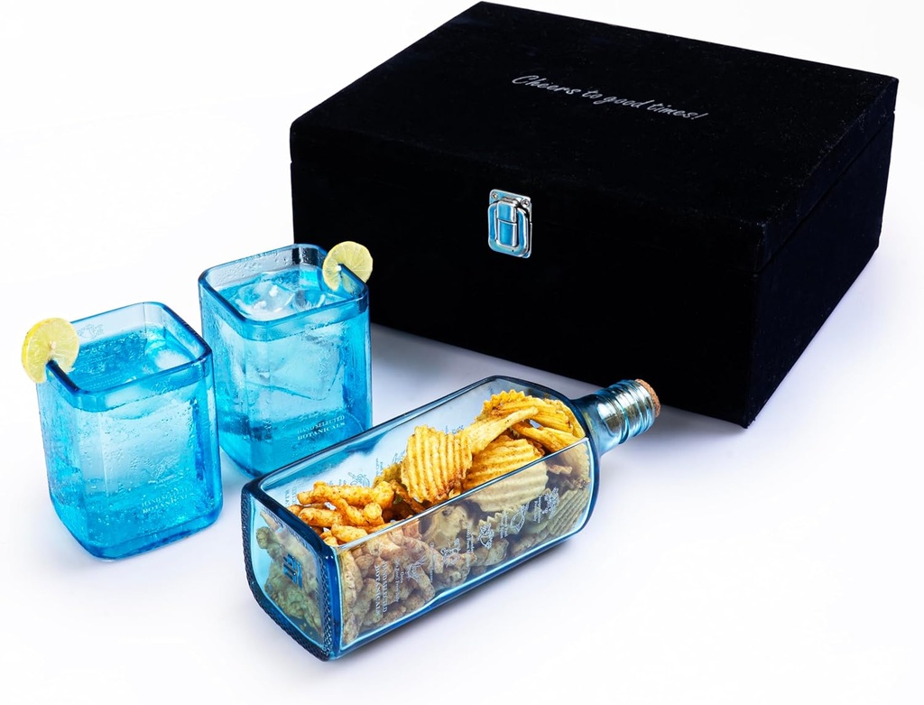 Upcycled Bombay Sapphire Gin Glasses and Platter Set of 3 with Premium Gift Box | Eco-friendly Glasses for Drinks made from Gin bottles | Ideal for Gin, Whiskey, Cocktail Nibbles and Finger Food