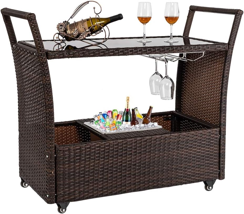 VINGLI Rattan Patio Bar Cart with Ice Bucket, Removable Outdoor Bar Table with Wheels, Wicker Serving Bar Cart w/Glass Top and Wine Glass Holder for Poolside, Balcony, Yard