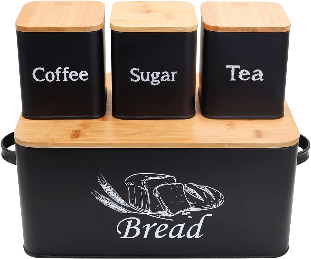 SOTECH Bread Box with 3pcs Jars Coffee Sugar Tea for Kitchen Countertop White Metal Bread Box with Bamboo Board Cover Pastry Storage Container Set Kitchen decor (Black Box and Jars)