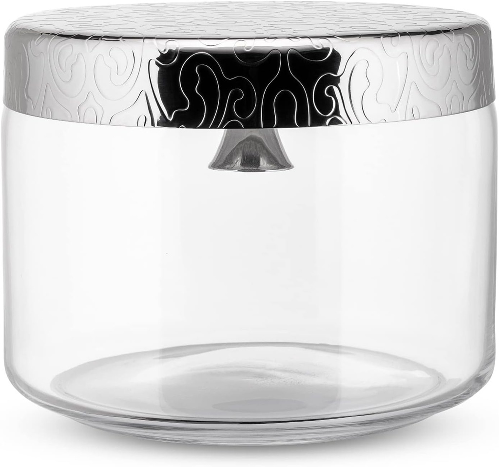Alessi "Dressed" Cookie Jar in Glass Lid in 18/10 Stainless Steel Mirror Polished With Bell And Relief Decoration, Silver
