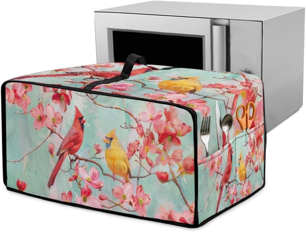 Cardinal Peach Blossom Print Toaster Oven Cover, Wooden Print Kitchen Dust-proof Cover Portable Universal Microwave Oven Dust Covers (Medium-16.1*19.71*10 inches)
