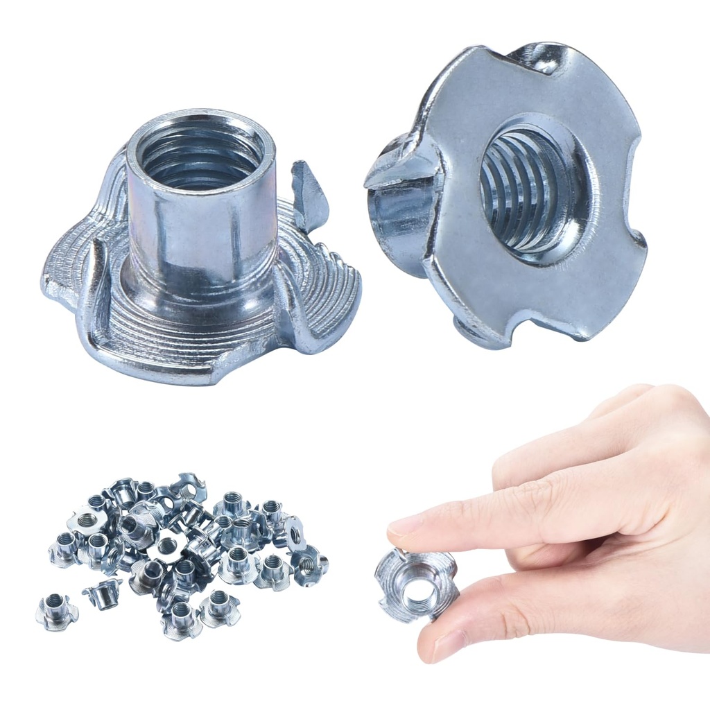 Bolt Dropper 3/8"-16 T-Nuts - 100 Pack Zinc-Plated Steel Tee Nuts with 7/16-Inch Barrel Length - Rust-Resistant Threaded Inserts for Wood Projects, Rock Climbing Holds and Cabinetry Applications