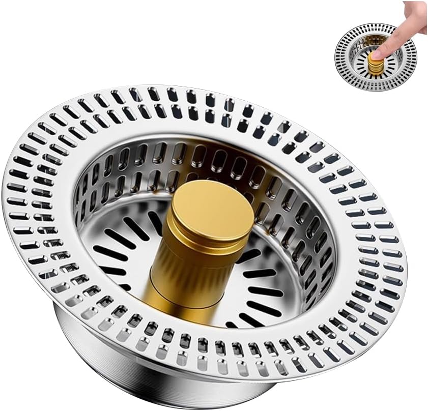SELLO 3 in 1 Kitchen Sink Drain Strainer, Stainless Steel Sink Drain Strainer, Anti-Clogging Sink Stopper with Food Catcher Basket, Brass Core for US Standard 3 1/2 inch Kitchen Drain