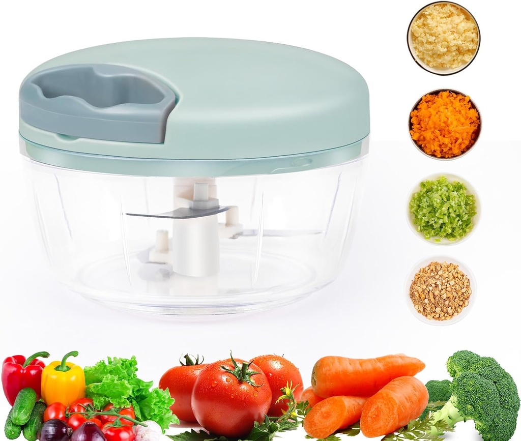 Manual Food Chopper, Garlic Chopper with Container, Vegetable Kitchen Cutter, Pull String Hand Food Processor Sharp Blades Mincer Shredder for Cutting Onions Chili Ginger Seasoning (Green, 500ml)